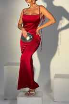 Sexy Sheath Spaghetti Straps Backless Navy Blue Satin Prom Dress Evening Dress