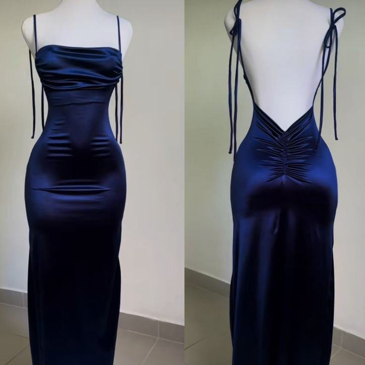 Sexy Sheath Spaghetti Straps Backless Navy Blue Satin Prom Dress Evening Dress