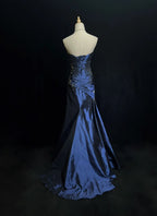 Sexy Sweetheart Sleeveless Mermaid Satin Long Navy Blue Prom Dresses