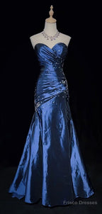Sexy Sweetheart Sleeveless Mermaid Satin Long Navy Blue Prom Dresses
