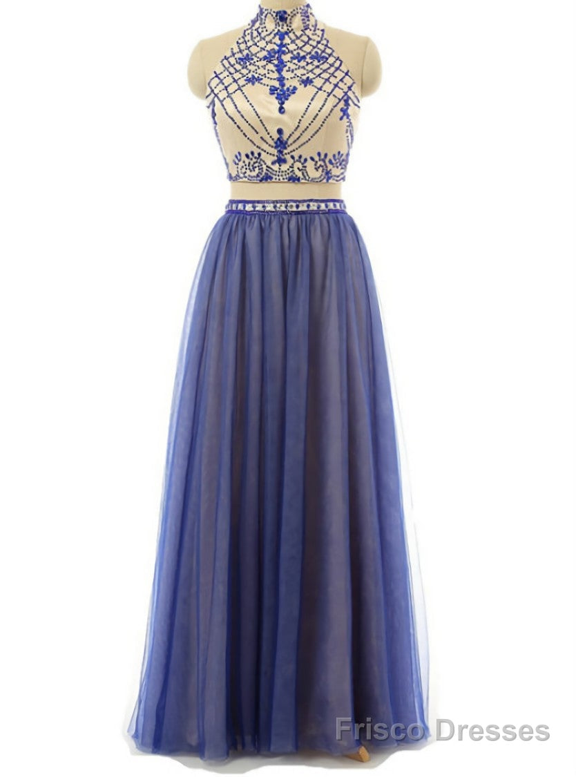 Sexy Two Piece Prom/Evening Dress Royal Blue Tulle Floor-Length Backless Beaded Party Dress Main image