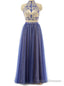 Sexy Two Piece Prom/Evening Dress Royal Blue Tulle Floor-Length Backless Beaded Party Dress