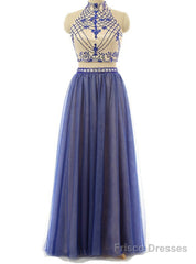 Sexy Two Piece Prom/Evening Dress Royal Blue Tulle Floor-Length Backless Beaded Party Dress