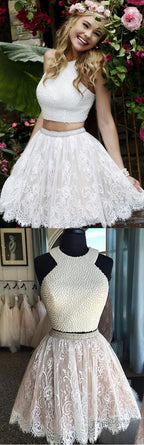Sexy Two Pieces Halter Lace Skirt Pearls Bodice Cute Homecoming Dresses