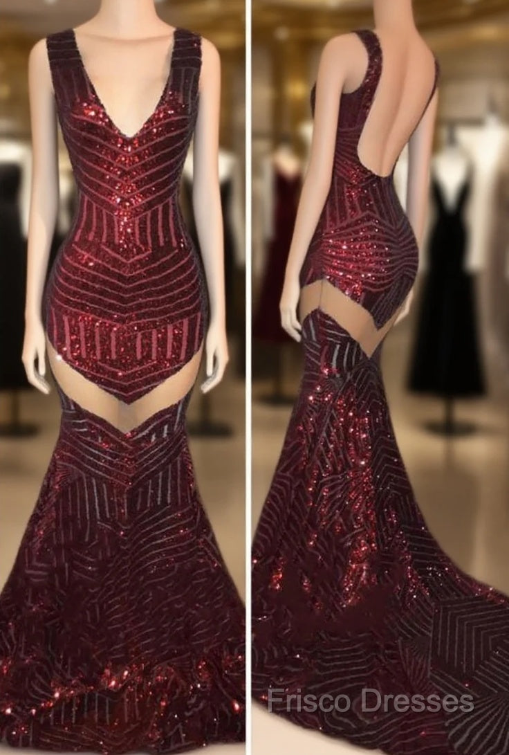 Sexy V-Neck Black Sequined Burgundy Formal Prom Dress Main image