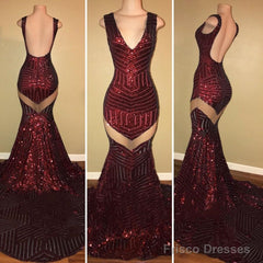 Sexy V-Neck Black Sequined Burgundy Prom Dresses