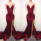 Sexy V-neck Chiffon Mermaid Prom Dress Long With Split Burgundy