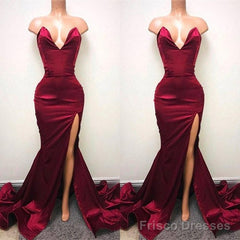 Sexy V-neck Chiffon Mermaid Prom Dress Long With Split Burgundy