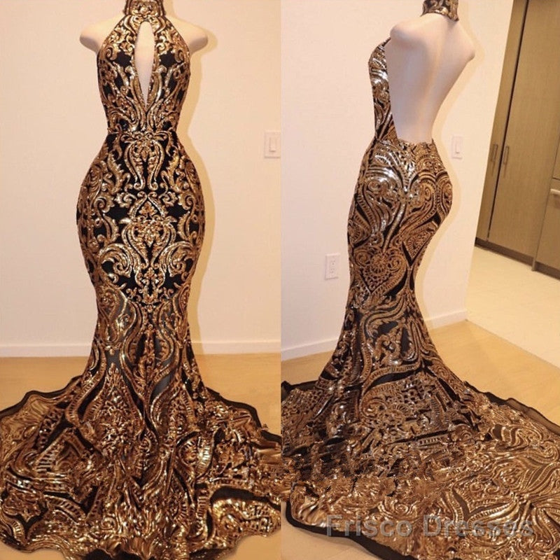 Sexy V-neck Halter Backless Mermaid Prom Dress Gold Sequins Long Backless Secondary image
