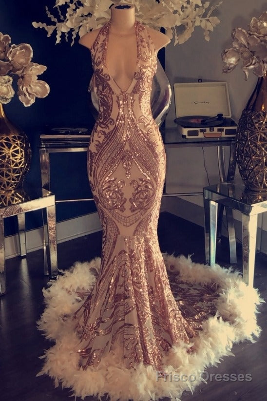 Sexy V-neck Halter Mermaid Prom Dress Gold Sequins Long Backless Main image