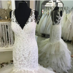 Sexy V Neck Organza Ruffles Mermaid Wedding Dresses Lace