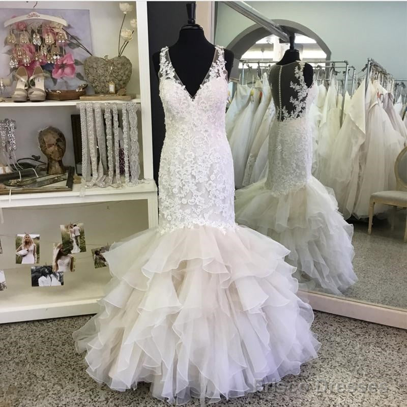 Sexy V Neck Organza Ruffles Mermaid Wedding Dresses Lace Main image