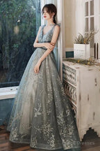 Sexy V-Neck Shoulder Straps Sleeveless Gray Glitter Evening Gown With Train Prom Dress