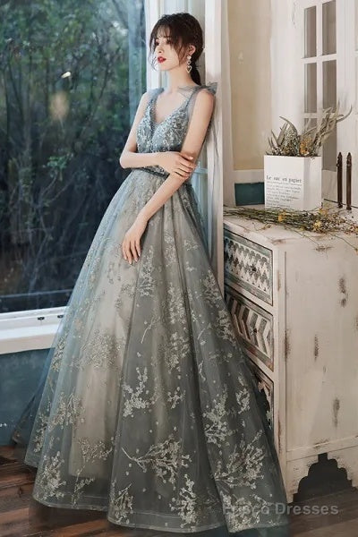 Sexy V-Neck Shoulder Straps Sleeveless Gray Glitter Evening Gown With Train Prom Dress