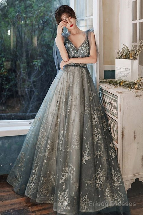 Sexy V-Neck Shoulder Straps Sleeveless Gray Glitter Evening Gown With Train Prom Dress