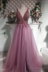Sexy V Neck Split Tulle Long Beaded Dresses