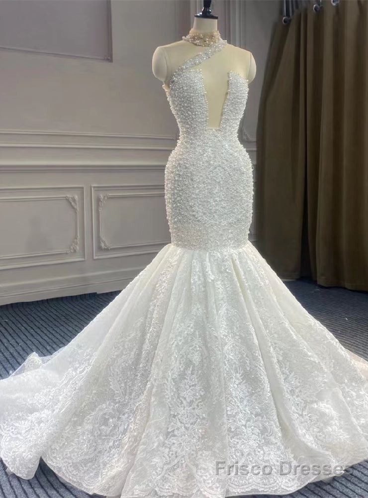Sexy White Mermaid Lace Pearls Wedding Dress With Detachable Train Main image