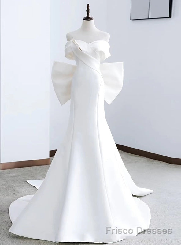 Sexy White Mermaid Off the Shoulder Pleats Wedding Dress With Bow