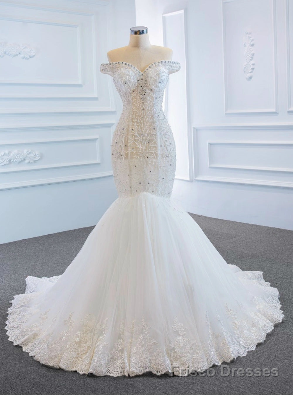 Sexy White Mermaid Tulle See Through Off the Shoulder Beading Wedding Dress Main image