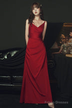 Sexy Wine Red Satin Straps Long Party Dress, Charming Dark Red Formal Dresses