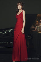 Sexy Wine Red Satin Straps Long Party Dress, Charming Dark Red Formal Dresses