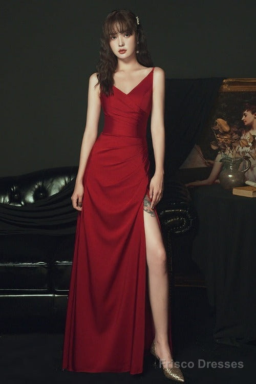 Sexy Wine Red Satin Straps Long Party Dress, Charming Dark Red Formal Dresses