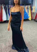 Sheath/Column Bateau Spaghetti Straps Long/Floor-Length Charmeuse Prom Dresses With Pleated