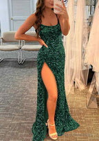 Sheath/Column Bateau Spaghetti Straps Long/Floor-Length Velvet Sequins Prom Dresses With Split