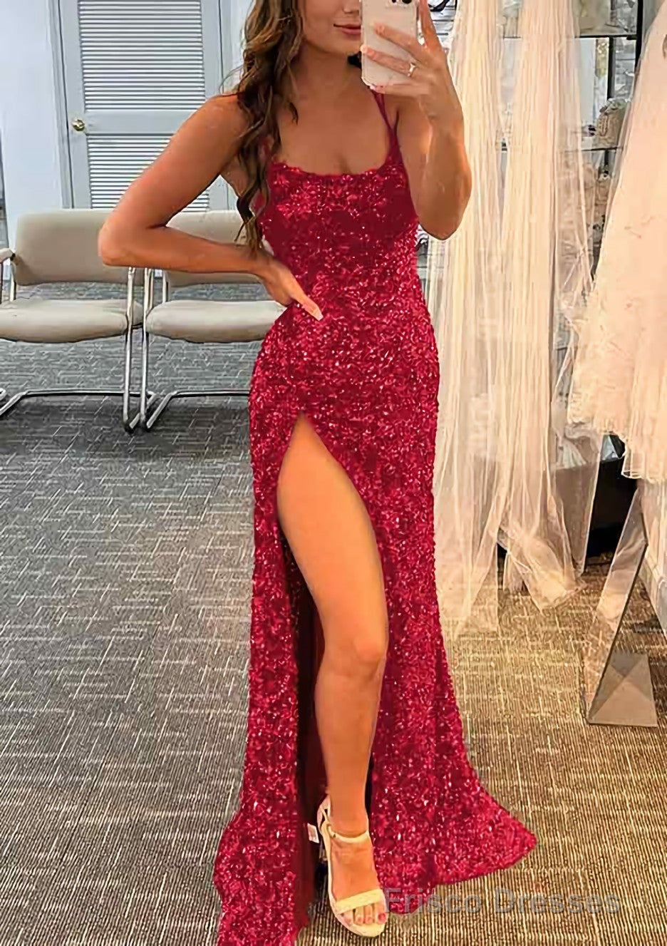 Sheath/Column Bateau Spaghetti Straps Long/Floor-Length Velvet Sequins Prom Dresses With Split