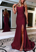 Sheath/Column Bateau Sweep Train Sleeveless Silk like Satin Prom Dresses With Pleated Split