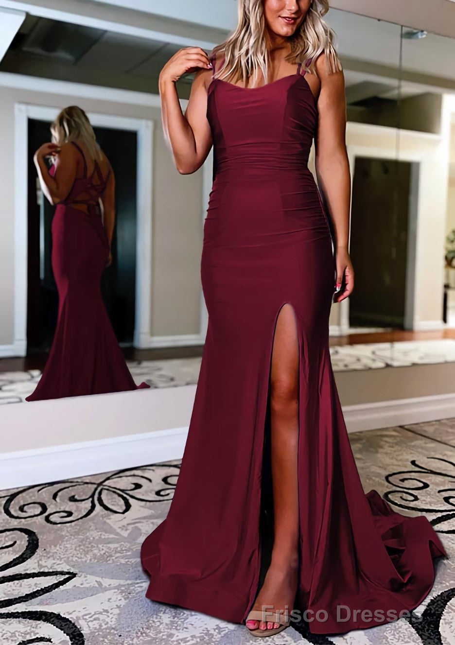 Sheath/Column Bateau Sweep Train Sleeveless Silk like Satin Prom Dresses With Pleated Split