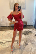 Sheath/Column Detachable Sleeves Sequins Burgundy Short Homecoming Dress