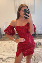 Sheath/Column Detachable Sleeves Sequins Burgundy Short Homecoming Dress