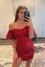 Sheath/Column Detachable Sleeves Sequins Burgundy Short Homecoming Dress