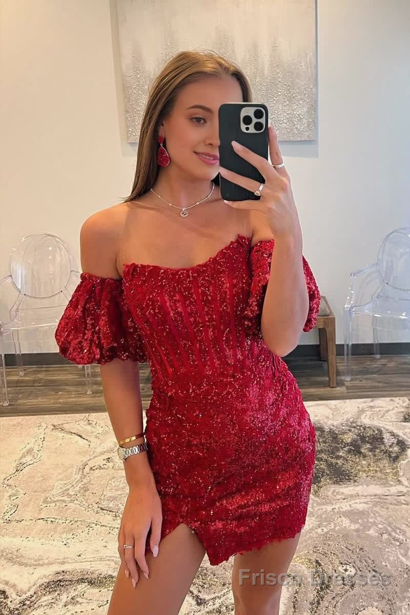 Sheath/Column Detachable Sleeves Sequins Burgundy Short Homecoming Dress