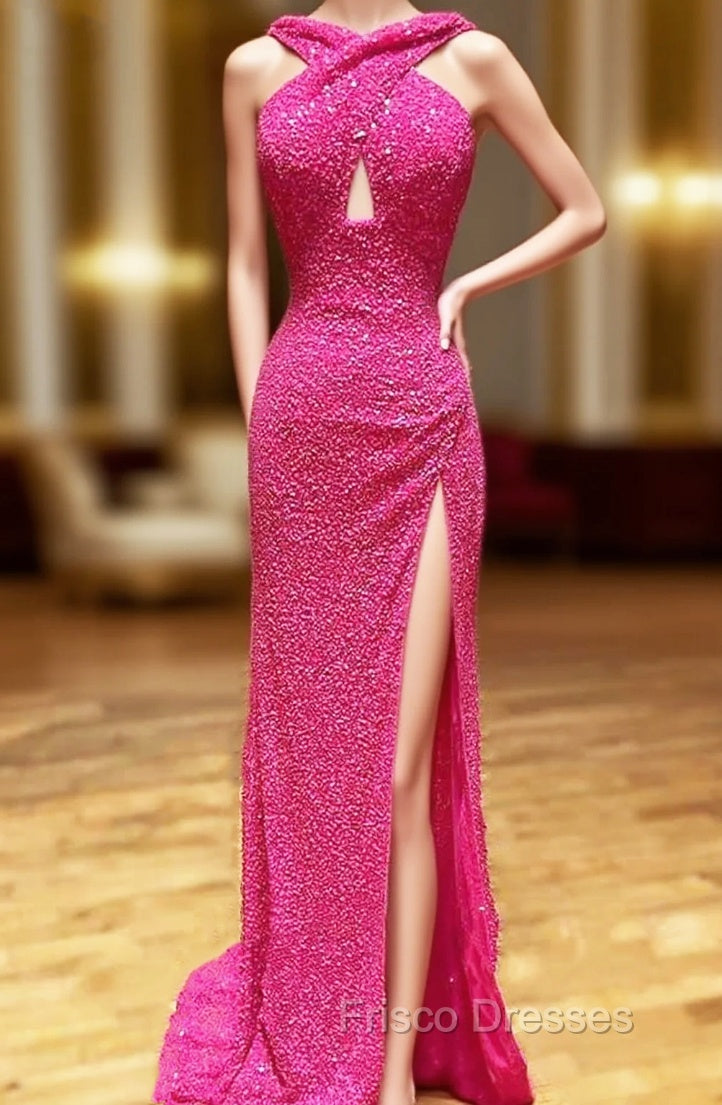 Sheath/Column Halter Sleeveless Court Train Velvet Sequins Formal Prom Dress With Split