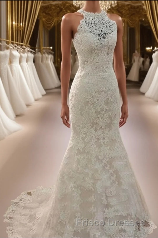 Sheath/Column Halter Sweep Train Lace Wedding Dress Main image