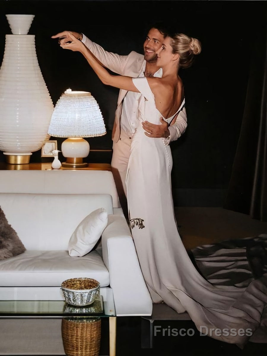 Sheath/Column Off-the-Shoulder Chapel Train Charmeuse Wedding Dresses With Leg Slit Secondary image