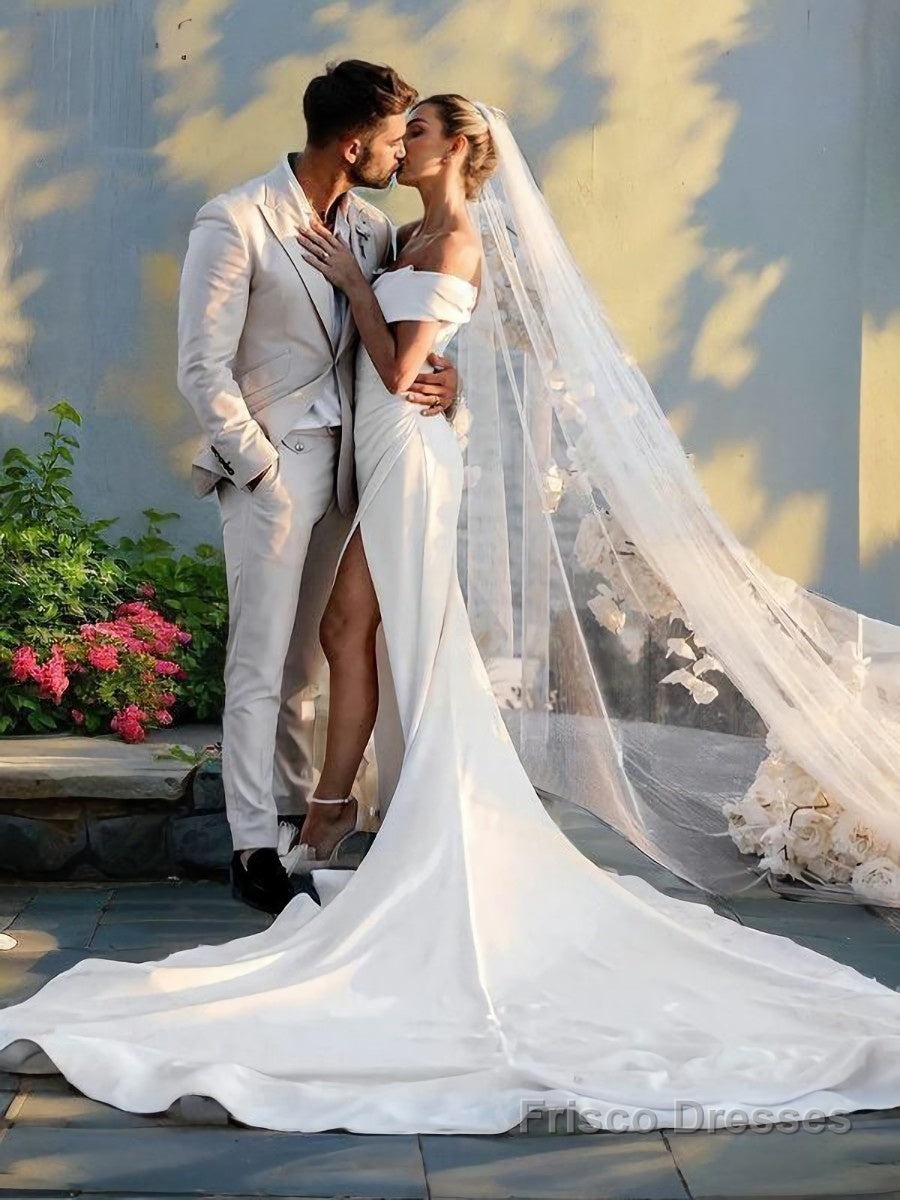 Sheath/Column Off-the-Shoulder Chapel Train Charmeuse Wedding Dresses With Leg Slit