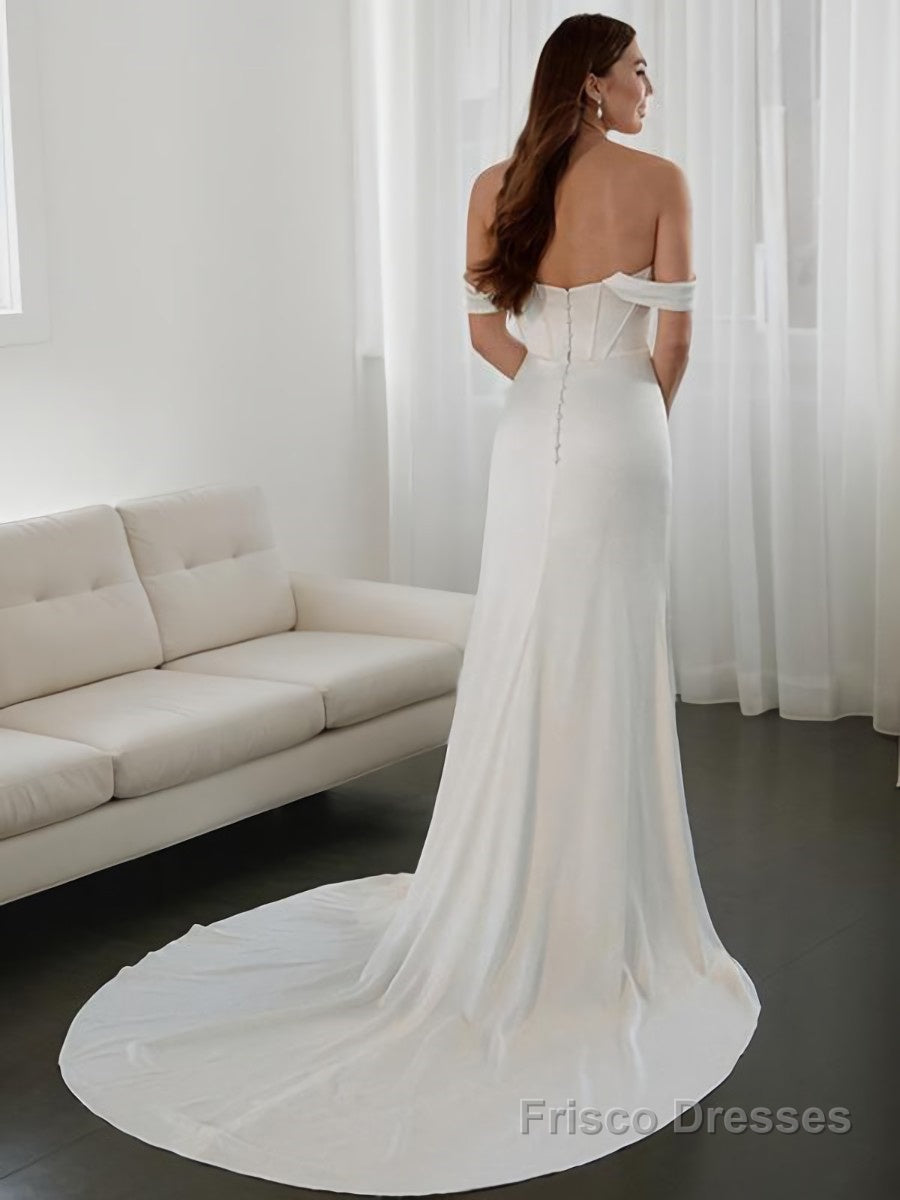 Sheath/Column Off-the-Shoulder Court Train Charmeuse Wedding Dresses With Leg Slit Secondary image