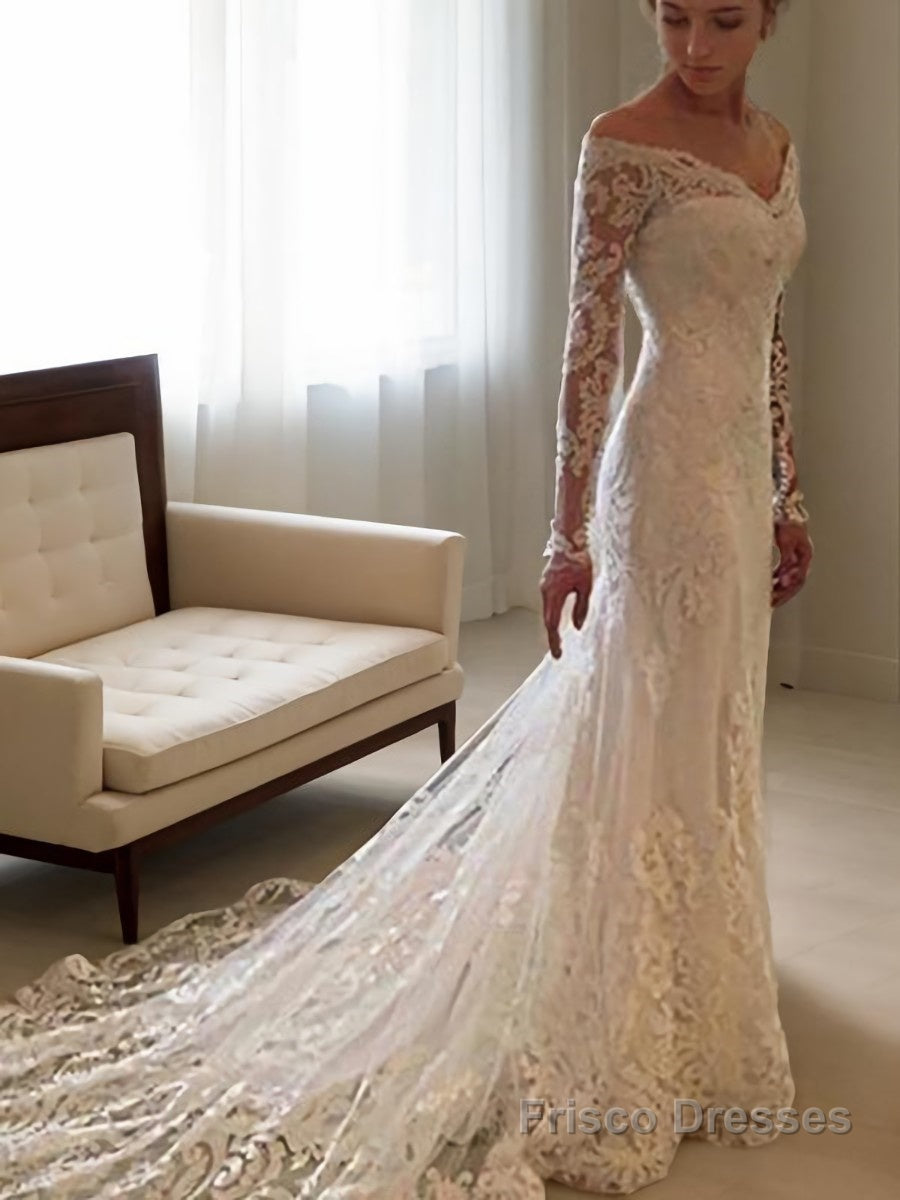 Sheath/Column Off-the-Shoulder Court Train Lace Wedding Dresses With Appliques Lace Main image