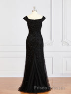 Sheath/Column Off-the-Shoulder Floor-Length Tulle Mother of the Bride Dress With Beading