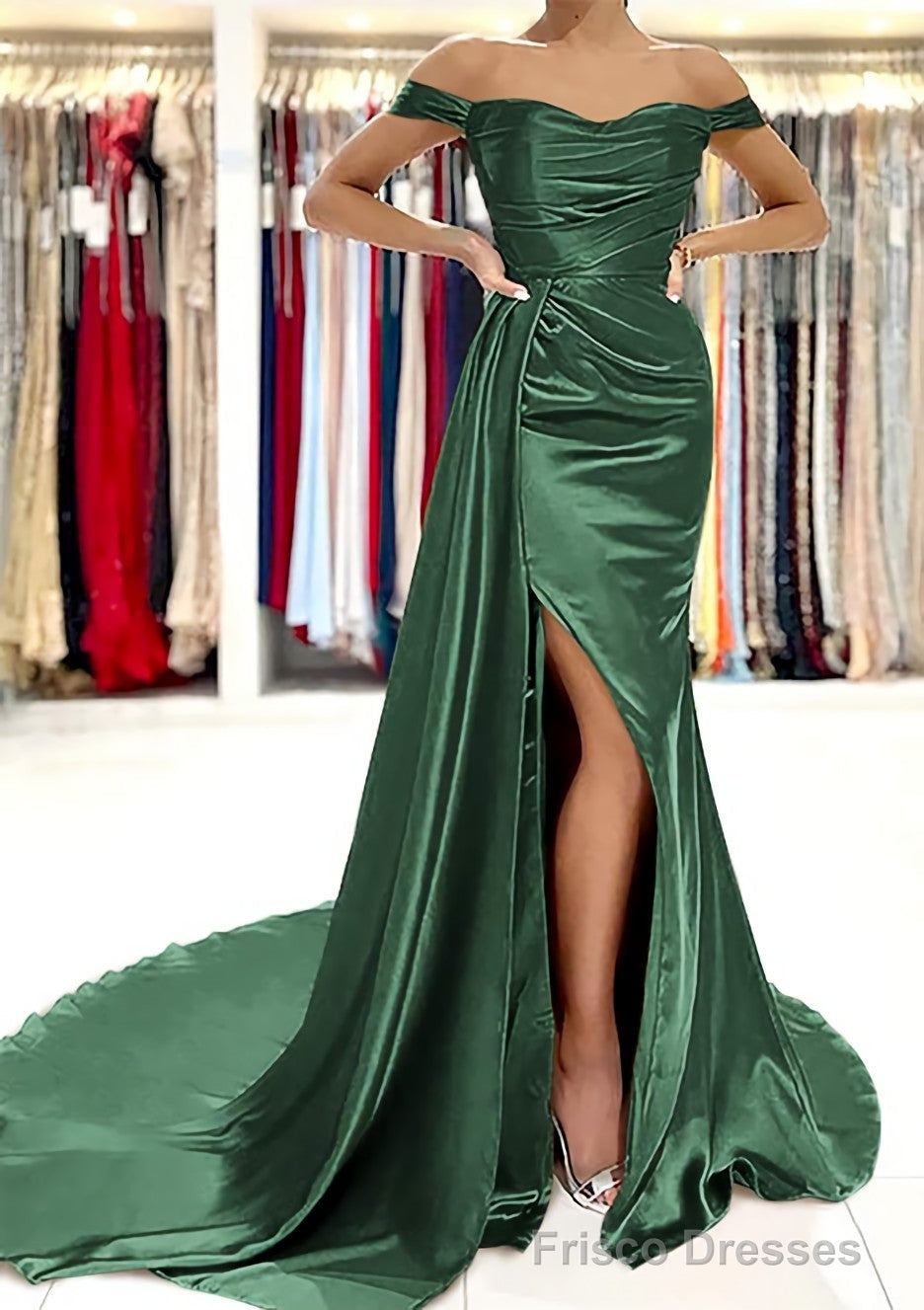 Sheath/Column Off-the-Shoulder Short Sleeve Charmeuse Court Train Prom Dresses With Pleated