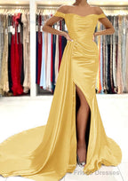 Sheath/Column Off-the-Shoulder Short Sleeve Charmeuse Court Train Prom Dresses With Pleated