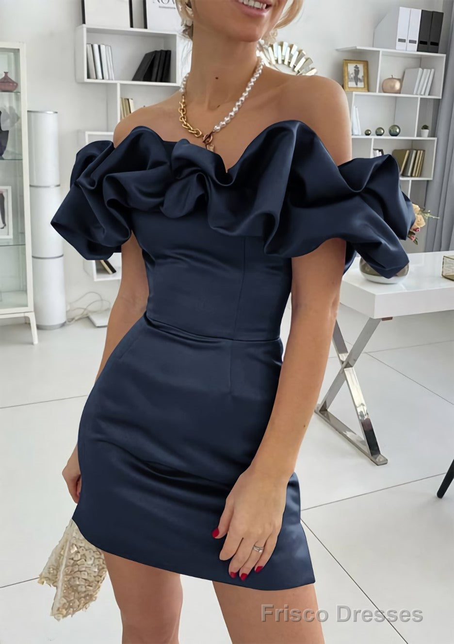 Sheath/Column Off-the-Shoulder Sleeveless Satin Short/Mini Homecoming Dresses With Ruffles Secondary image