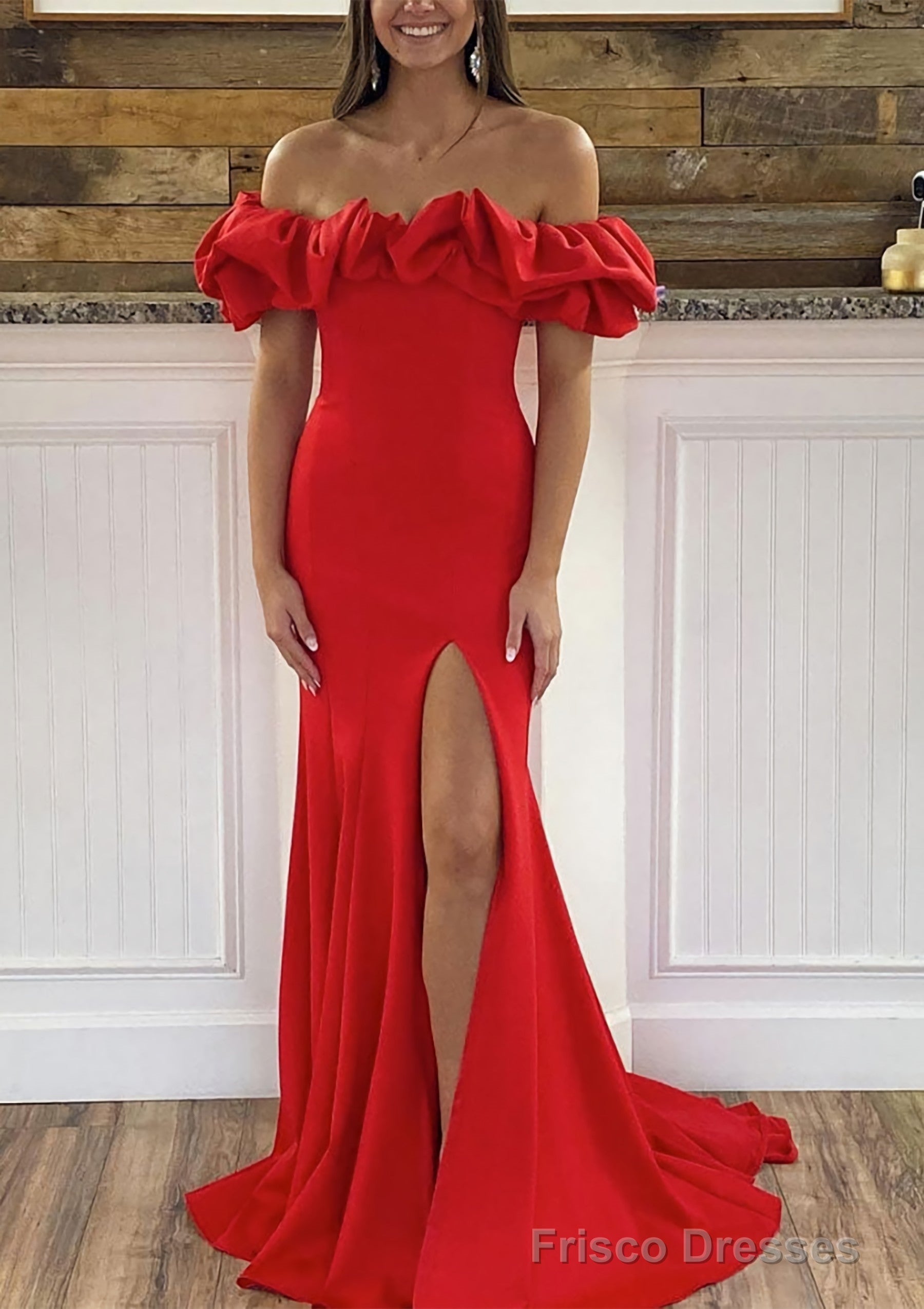 Sheath/Column Off-the-Shoulder Sleeveless Sweep Train Satin Prom Dresses With Ruffles Split Main image