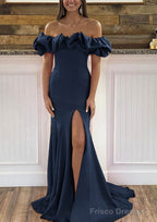 Sheath/Column Off-the-Shoulder Sleeveless Sweep Train Satin Prom Dresses With Ruffles Split