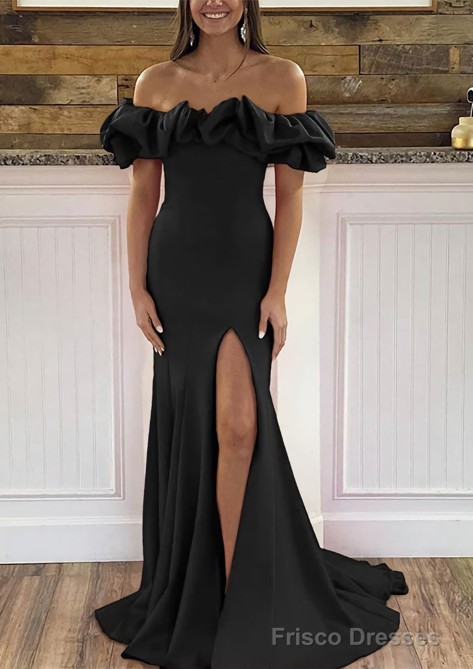 Sheath/Column Off-the-Shoulder Sleeveless Sweep Train Satin Prom Dresses With Ruffles Split