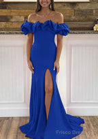 Sheath/Column Off-the-Shoulder Sleeveless Sweep Train Satin Prom Dresses With Ruffles Split