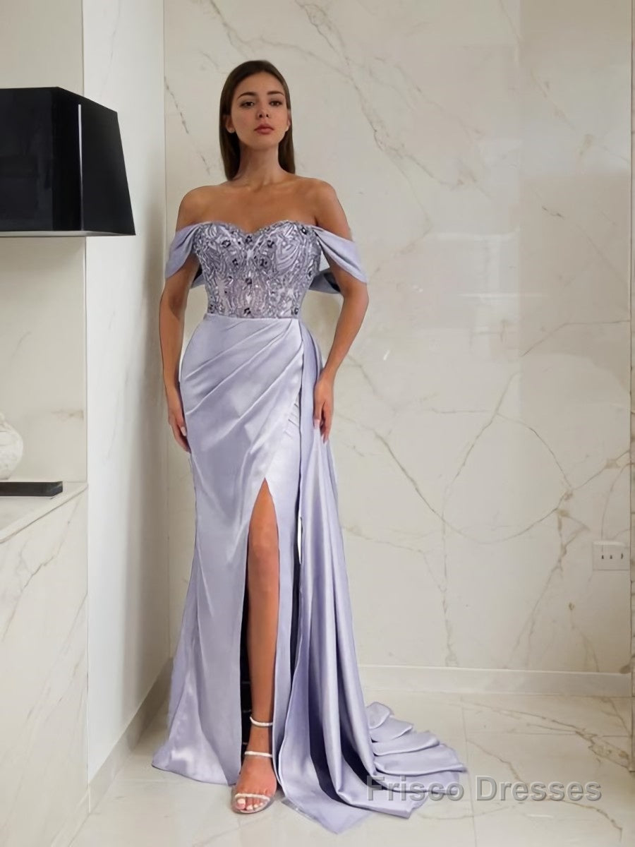 Sheath/Column Off-the-Shoulder Sweep Train Elastic Woven Satin Prom Dresses With Leg Slit Main image